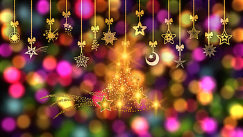 Hanging Golden Stars Glitter Christmas Decoration Colorful Bokeh Background Christmas HD wallpaper