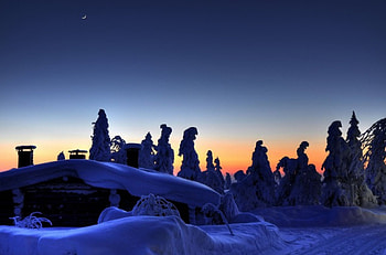 winter night, winter, night, blue, snow, road, cottage, sunset, Finland HD wallpaper