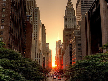 42nd St, skyscrapers, New York, city, street, sunset HD wallpaper