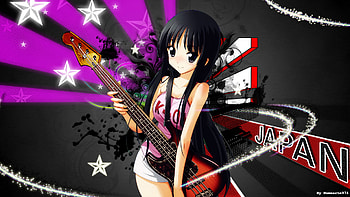 Akiyama Mio, black eye, guitar, cute, long hair, dress, k on, abstract, female, sexy, kon, hot, girl, mio, black hair, star, anime girl, anime HD wallpaper