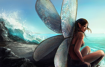Fairy, blue, sea, wings, girl, beach, summer, waves, fantasy, luminos HD wallpaper