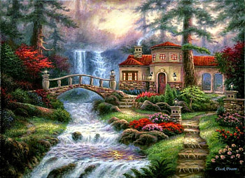 Beautiful Paintings, Waterfalls, House, Beautiful, Paintings, Trees, Nature HD wallpaper