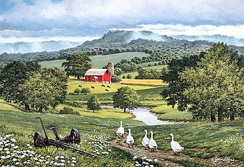 Between Showers, barn, painting, landscape, trees, fields, geese, countryside HD wallpaper