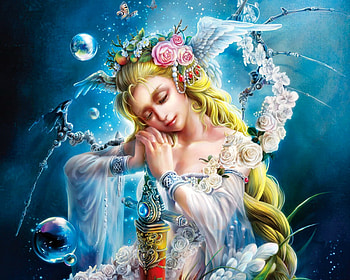 Angel of water, blue, angel, rose, takaki, flower, water, wings, white, frumusete, sword, gorgeous, girl, woman, superb, pink, fantasy, luminos, bubbles HD wallpaper