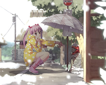 Miyaguchi Kanna, sexy, umbrella, hot, cute, beautiful, pink hair, beauty, anime girl, pretty, snow, snowing, twintails, stunning HD wallpaper