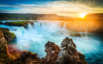 Godafoss, sunset, , waterfall, Icelandic landmarks, Skjalfandafljot River, waterfalls of Iceland, beautiful waterfall, Iceland HD wallpaper