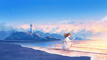 Anime Girl Evening Beach Crescent Moon, anime-girl, anime, artist, artwork, digital-art HD wallpaper