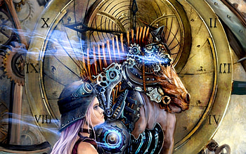 THE ART, horse, art, girl, gear, head, surrealism, helmet, clock face, clock HD wallpaper