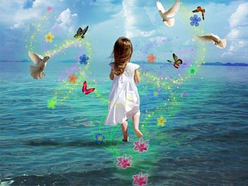 little girl walking on the beach, little girl, sea, birds, walking, beach, blue sky, butterflies, colorful butterflies, clouds, flowers HD wallpaper