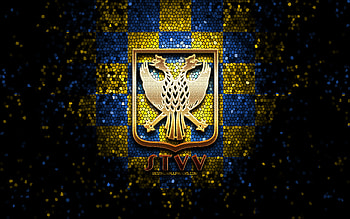 Sint-Truidense FC, glitter logo, Jupiler Pro League, red green checkered background, soccer, belgian football club, Sint-Truidense VV logo, mosaic art, football, Sint-Truidense VV HD wallpaper