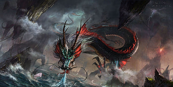 Dragon, blue, sea, fantasy, art, red, luminos, water HD wallpaper