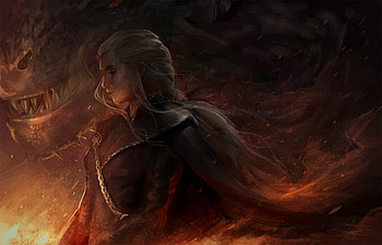 Mother of dragons, daenerys targaryen, art, girl, orange, fantasy, lumino, princess, fire, game of thrones HD wallpaper
