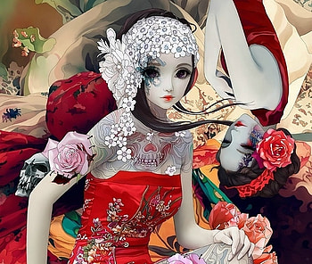 Upside down, asian, tattoo, girl, rose, pink, fantasy, flower, red, luminos HD wallpaper