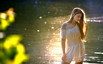 Model at Sunset, model, blonde, flowers, water, sunset HD wallpaper