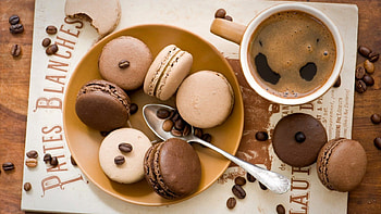 Brown, sweet, cups, coffee, cup, macarons, drinks, drink HD wallpaper