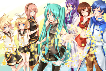 ~Friendship~, hatsune miku, meiko, kaito, stars, vocaloid, anime, len and rin kagamine, megurine luka, friends HD wallpaper