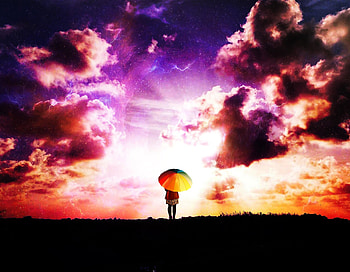 Person, outdoor, umbrella, clouds HD wallpaper