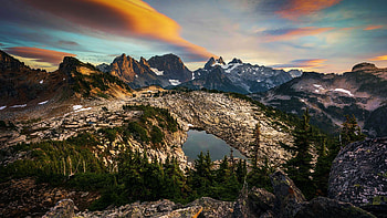 Alpine lake Wilderness, Washington, mountains, autumn, landscape, clouds, trees, sky, usa HD wallpaper
