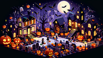 Halloween Night: Isometric Haunted Village with Pumpkins & Bats in, halloween, isometric, pumpkin, haunted house, bat HD wallpaper