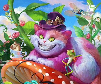 Cheshire cat, pink, fantasy, wonderland, cat, frog, grafit studio, mushroom, cheshire HD wallpaper