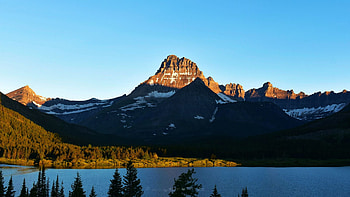 Sunrise at Many Glaciers Campground in Glacier National Park, Montana, trees, sky, water, mountains, usa HD wallpaper