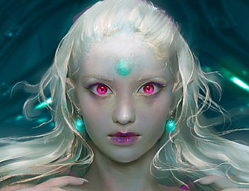 Fantasy girl, giih, amethyst, frumusete, art, crystal, eyes, girl, jewel, earrings, pink, fantasy, green, face HD wallpaper