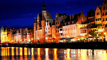 riverfront in gdansk poland, night, reflection, city, lights, riverfront HD wallpaper