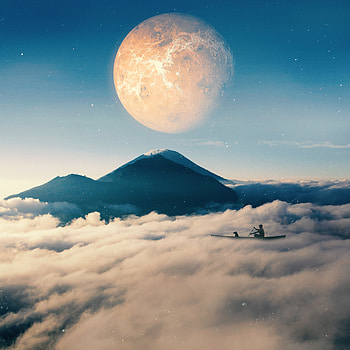 Mountains, Clouds, Miscellanea, Miscellaneous, Boat, Planet, Illusion HD phone wallpaper