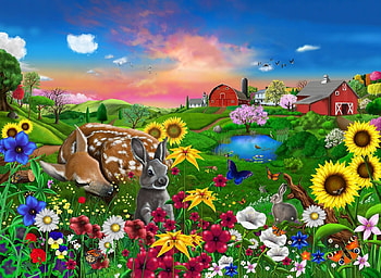 Peaceful Pastures, deer, bunny, skies, baby, grass, flowers, pasture HD wallpaper