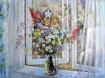 Радчинский Михаил. Букет на окне, still life, bouquet, painting, window, art, flower HD wallpaper