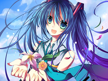 Flowers For You? :3, blue, eyes, petals, twintails, clouds, flowers, sky, hair, long HD wallpaper