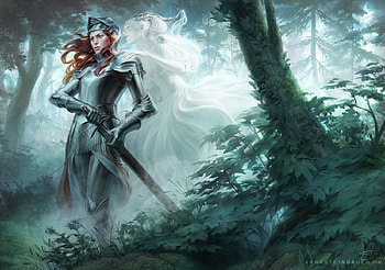 Fantaghiro, art, fantasy, anna steinbauer, girl, forest, warrior, armor, redhead HD wallpaper