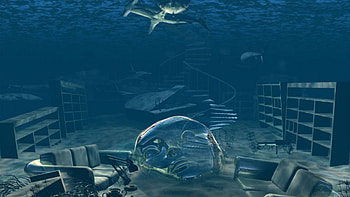Underwater, sea, boat, stairs, head HD wallpaper
