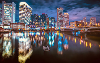 Boston, evening, Evelyn Moakley Bridge, Fort Point Channel, Boston cityscape, night, Massachusetts, USA HD wallpaper