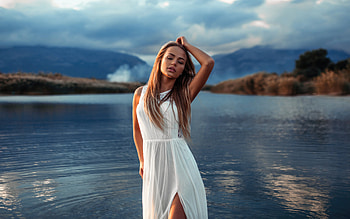 Maria Puchnina Whited Ress Closed Eyes One Arm Up, maria-puchnina, girls, model, white-dress HD wallpaper