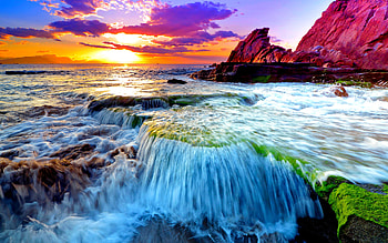 OCEAN FALLS, sea, waves, morning, cks, clouds, sun, stones HD wallpaper