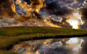 Nature, Grass, Clouds, Reflection, Evening HD wallpaper