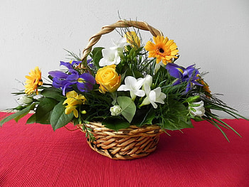 Flowers, Roses, Leaves, Gerberas, Basket, Composition, Irises, Lukoshko HD wallpaper