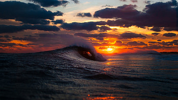 sea, surf, wave, sunset HD wallpaper