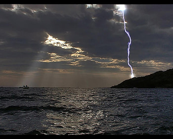 a single strike, sea, boats, weather, clouds, lighteng, water, storm, dark HD wallpaper