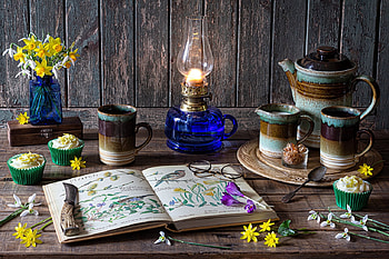 Still life, Snowdrops, Knife, Mug, Flowers, Vade, Book HD wallpaper