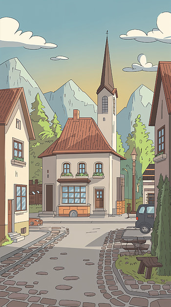 Charming Townscape: A Serene , town, village, architecture, mountain, cartoon HD phone wallpaper