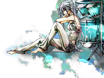 Hatsune Miku, teal, glow, awesome, uniform, artistic, nice, digital, sitting, cg, hatsune, aqua eyes, outfit, white, art, twintail, girl, singer, aqua, anime girl, sky blue, anime, pretty, light, white hair, twin tail, virtual, blue, black, song, glowing, cute, vocaloid, beauty, miku, music, vocaloids, riria009, program, beautiful, diva, drums, aqua hair, pants, cool, idol HD wallpaper