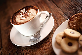 Coffee, graphy, cup, drinks, food, coffee cup, expresso, cups, brown, wood, white cup, drink, cookies HD wallpaper
