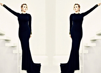Kate Winslet, white, by cehenot, black, girl, actress, dress, woman, collage, stairs HD wallpaper