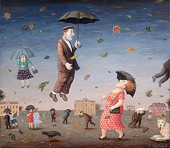 B. Lyubarov. The leaves are falling, people are flying. 2011., b lyubarov, painting, art, fly, people HD wallpaper