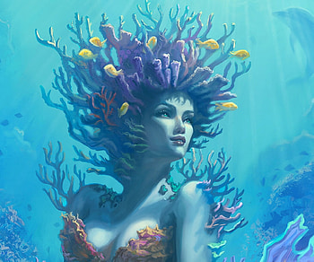 Coral, blue, mermaid, art, girl, yasushi matsuoka, summer, fantasy, yasuartstudio, pesti, yellow, yasu art studio, fish, luminos, water, siren, vara HD wallpaper