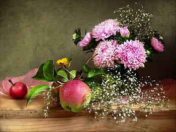 Autumn Still Life, still life, pink, apples, red, autumn, ripe, flowers, fruits HD wallpaper