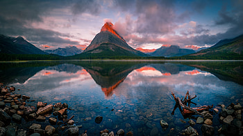 Glacier NP, Montana, water, reflections, landscape, clouds, sky, mountains, usa HD wallpaper