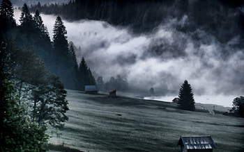 Nature, Mountains, Fog, Gloomy, Black And White HD wallpaper
